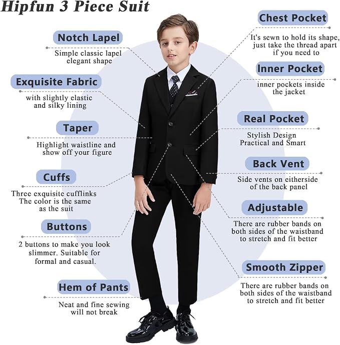 Boys' 3 Piece Suit Set with Suit Jacket, Formal Tuxedos Slim Fit Ring Bearer - Image 3