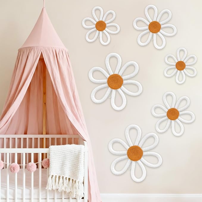 6 Pcs Boho Nursery Decor, Woven Macrame Daisy Flower Wall Hanging in 3 Sizes - Image 4