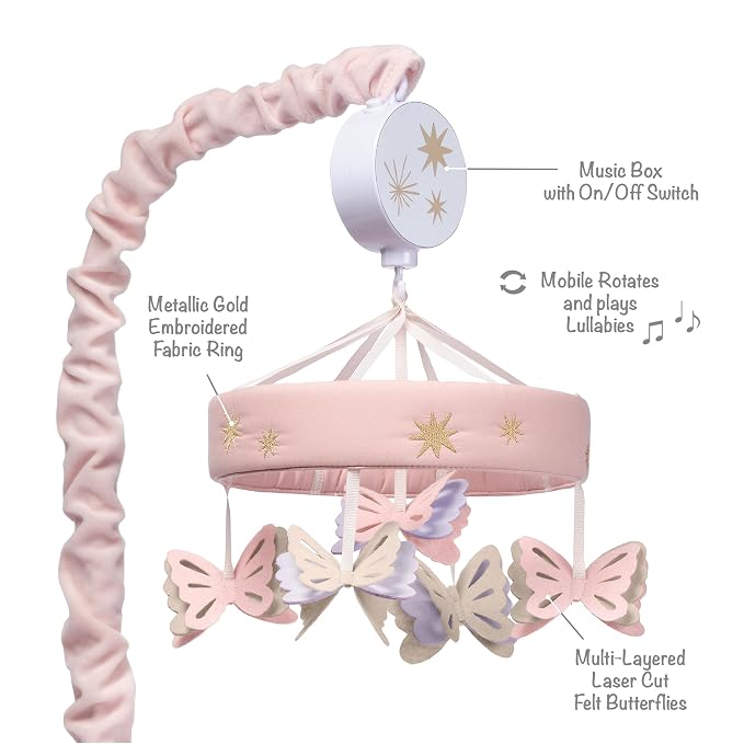 Lambs & Ivy Butterfly Dreams Pink/Purple Musical Baby Crib Mobile Soother Toy - Image 2