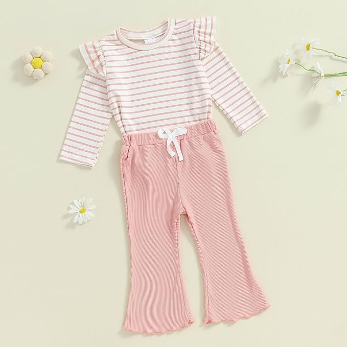 FOCUSNORM Toddler Baby Girl Outfits Ruffle Long Sleeve Striped Trim Tops + - Image 3
