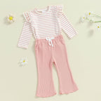 FOCUSNORM Toddler Baby Girl Outfits Ruffle Long Sleeve Striped Trim Tops + - Image 3