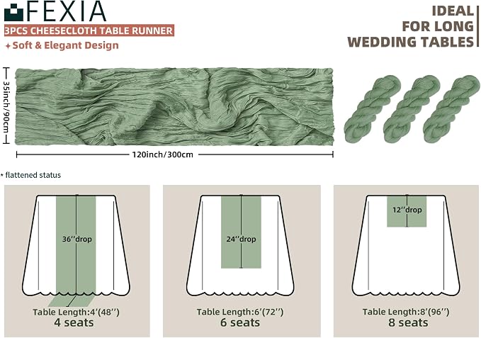 FEXIA 3 Pack Sage Green Table Runner 35x120 Inches - Image 2