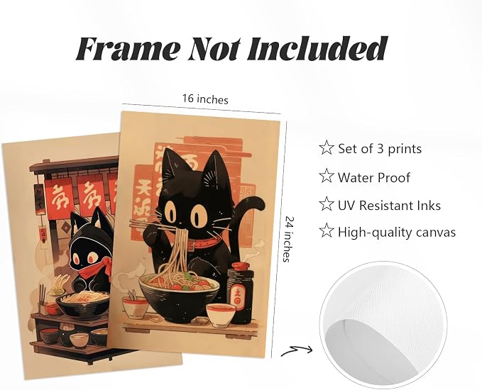 Pouydmi Japanese Cat Wall Art Black Cat Poster Eating Ramen Canvas Wall Decor - Image 2