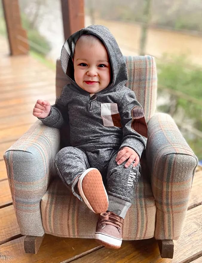 Fommy Newborn Baby Boy Clothes Plaid Letter Print Long Sleeve Hoodies + Long - Image 3