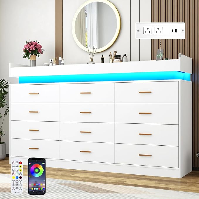 12 Drawer Dresser with LED Light and Charging Station, Wide Drawer Organizer - Image 5
