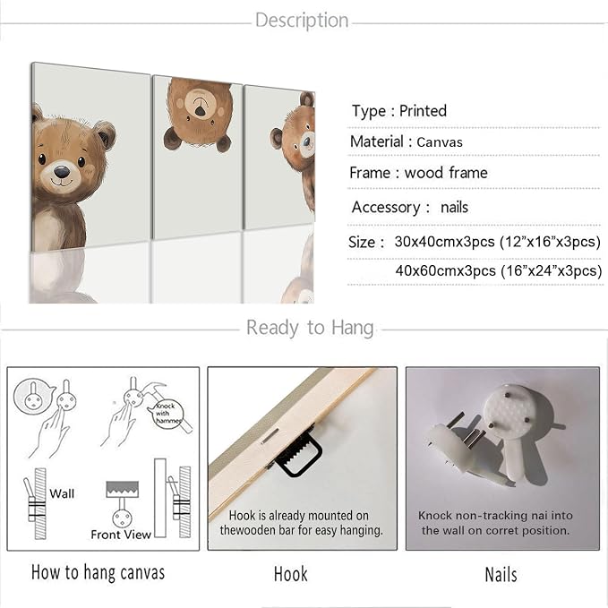 AOYUSMO 3 Piece Baby Bear Canvas Wall Art - Image 6