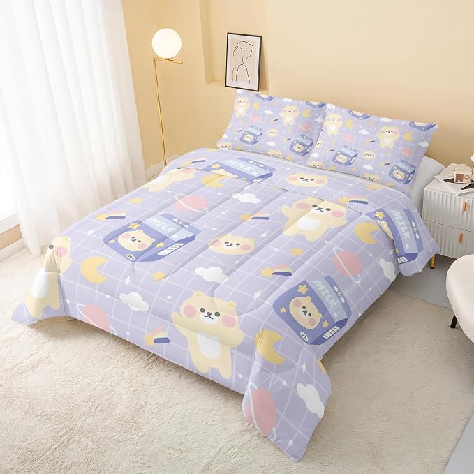 QOOMO Kawaii Bear Comforter Queen Size, Cartoon Bear Bedding Set - Image 3