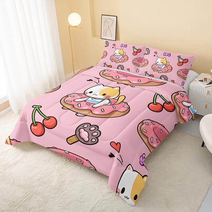 QOOMO Kawaii Cat Comforter King Size, Doughnut Cherry Cat Comforter Set - Image 3