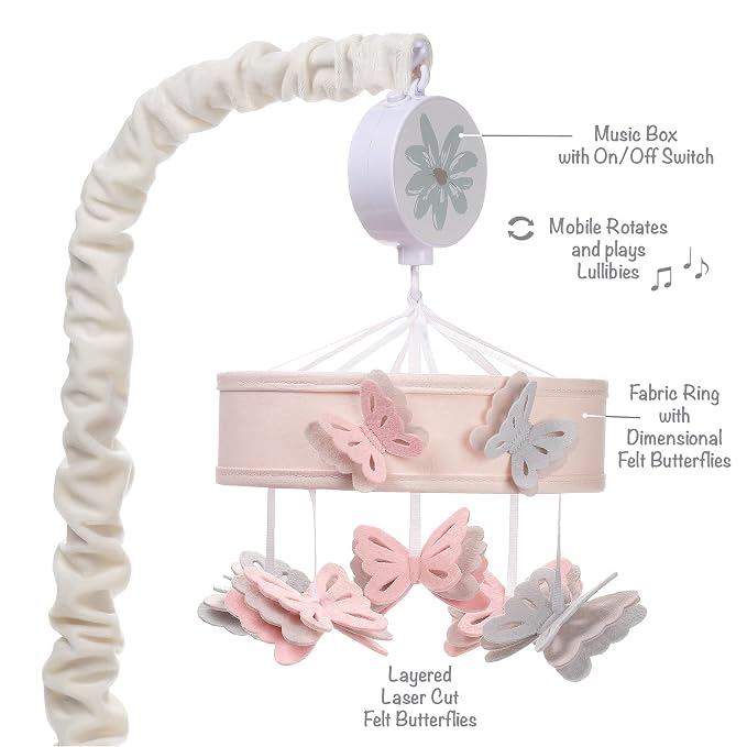 Lambs & Ivy Baby Blooms Pink Butterfly Musical Baby Crib Mobile Soother Toy - Image 5
