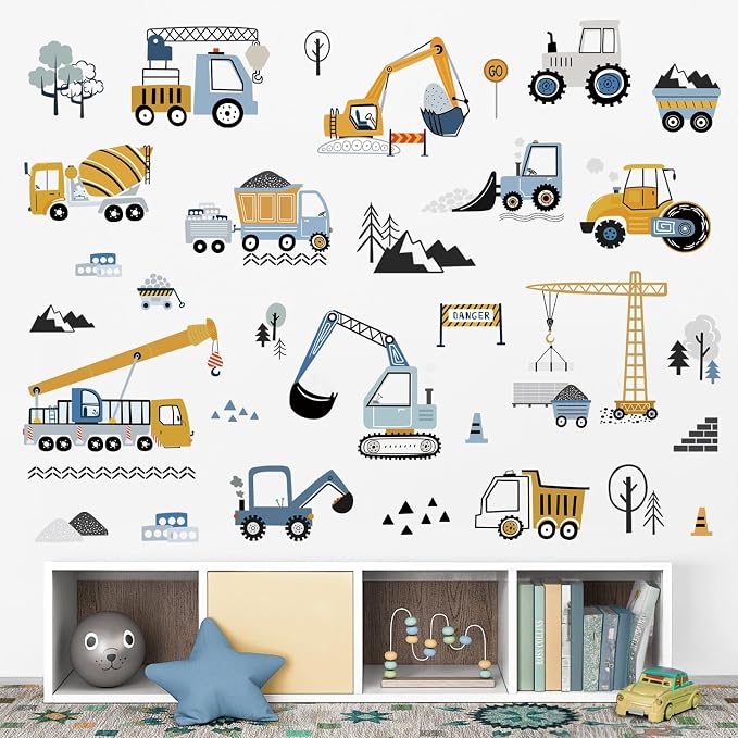 decalmile Construction Vehicles Wall Stickers Trucks Tractor Excavator Crane by decalmile