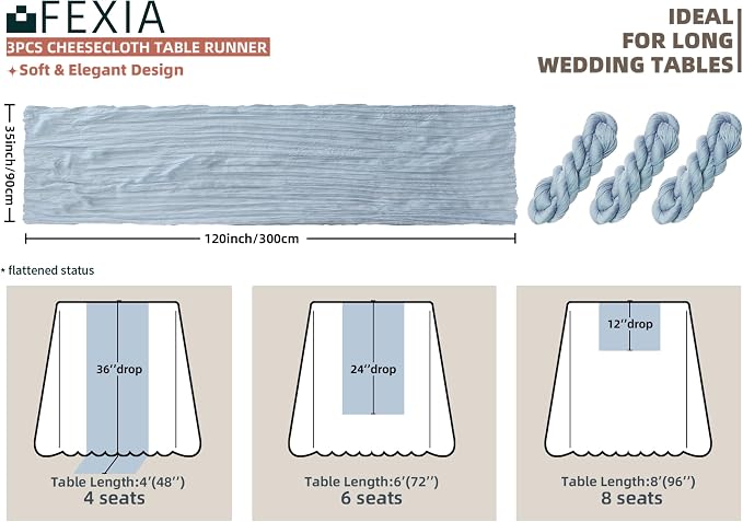 FEXIA 3 Pack Dusty Blue Table Runner 35x120 Inches - Image 2