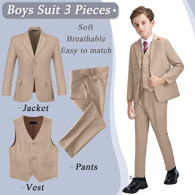Boys' 3 Piece Suit Set with Suit Jacket, Formal Tuxedos Slim Fit Ring Bearer - Image 2