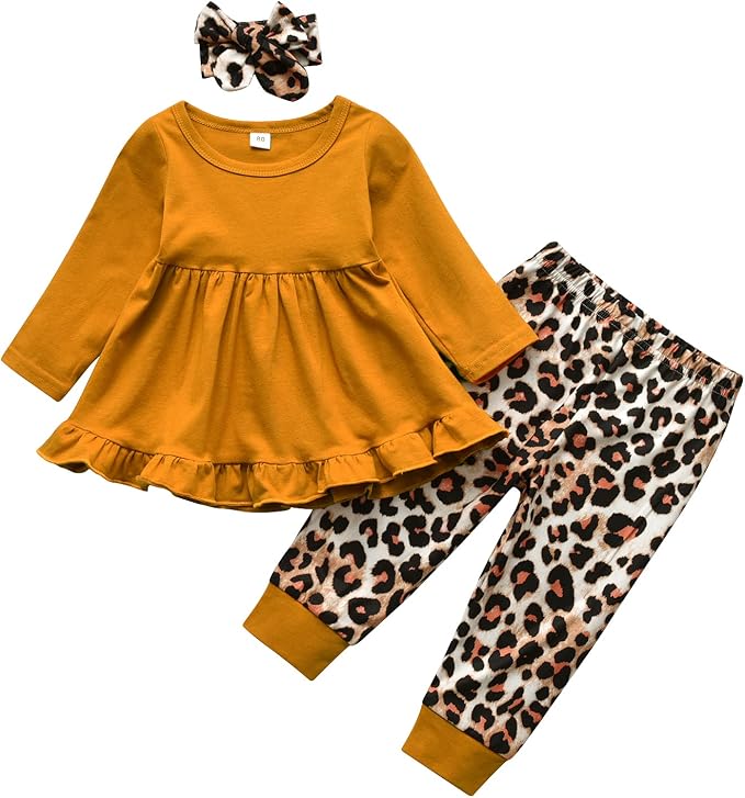 Kulcerry Toddler Baby Girl Clothes Solid Color Long Sleeve Ruffle Tops Pants - Image 2