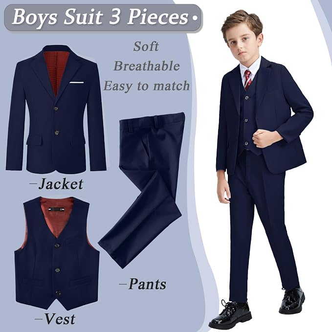 Boys' 3 Piece Suit Set with Suit Jacket, Formal Tuxedos Slim Fit Ring Bearer - Image 2