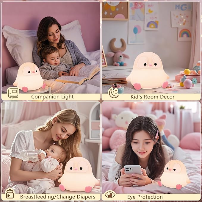 Penguin Night Light for Kids, Cute Pink Penguin Touch Lamp, Soft Silicone - Image 5