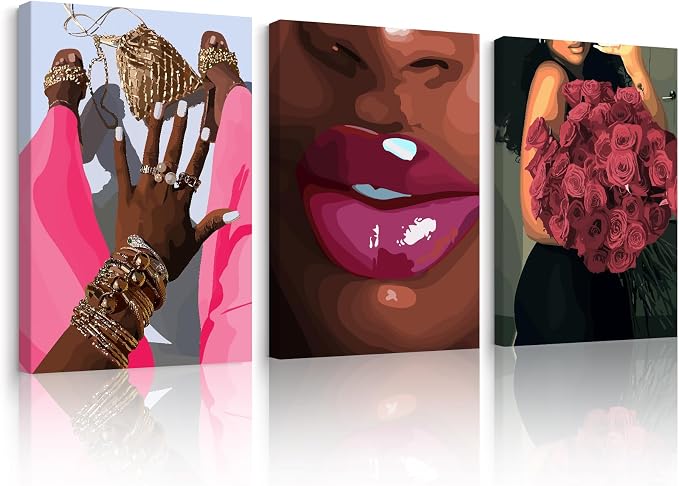 Black Girl Wall Art African Woman Canvas Wall Decor Pink Black Women People Art by Unknown