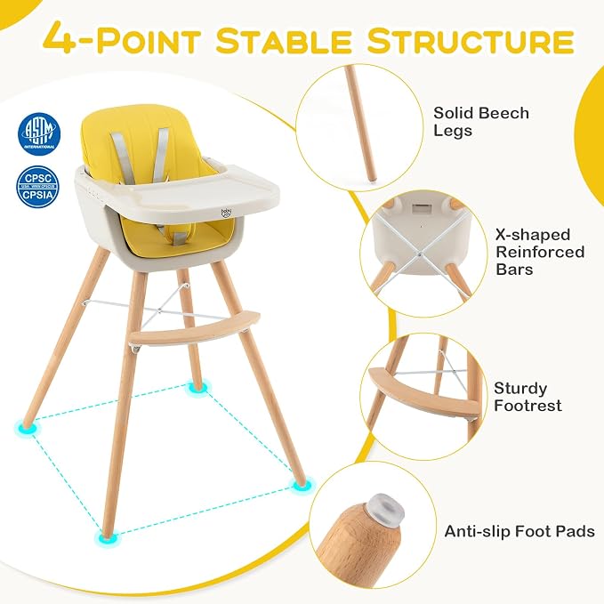 BABY JOY Convertible Baby High Chair, 3 in 1 Wooden Highchair/Booster/Chair - Image 5
