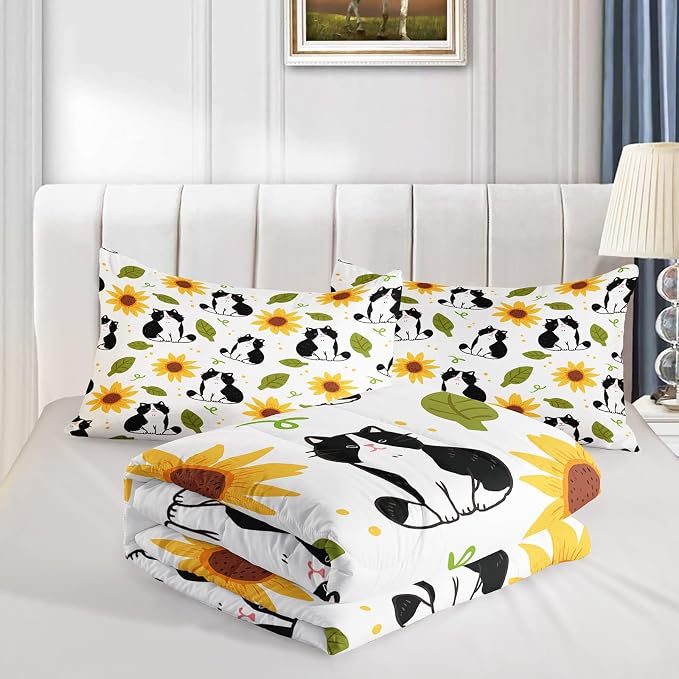 QOOMO Kawaii Cat Comforter Full Size, Sunflower Cat Comforter Set - Image 4