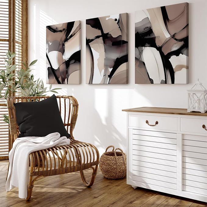 Black Beige Abstract Wall Art Brown Neutral Canvas Wall Decor Minimalist Art - Image 2