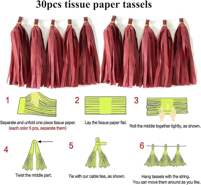 30pcs Burgundy Tissue Paper Tassels DIY Hanging Decorations - Image 2