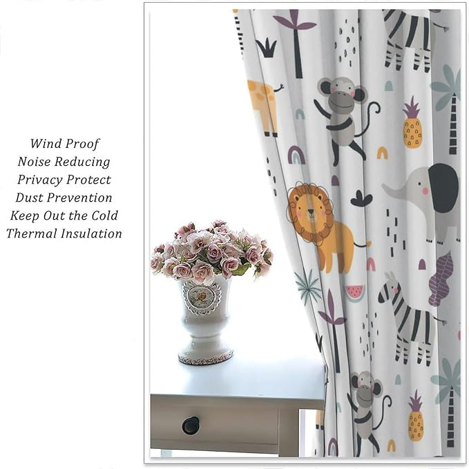 Cute Cartoon Animals Curtains Tropical Jungle Animals Elephant Giraffe Monkey - Image 2