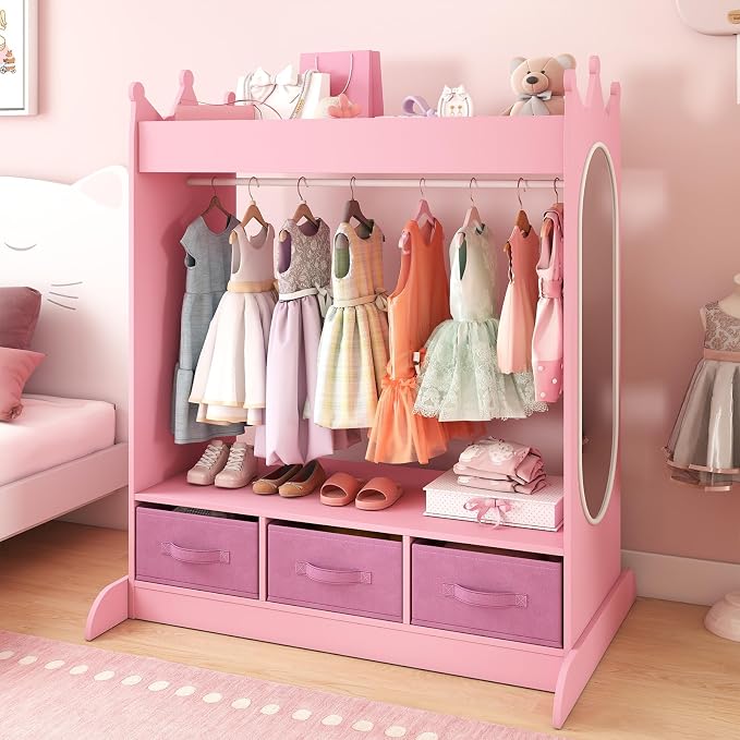 Kids Dress Up Storage with Mirror and Drawers, Kid Armoire Dresser, Pretend by COSVALVE