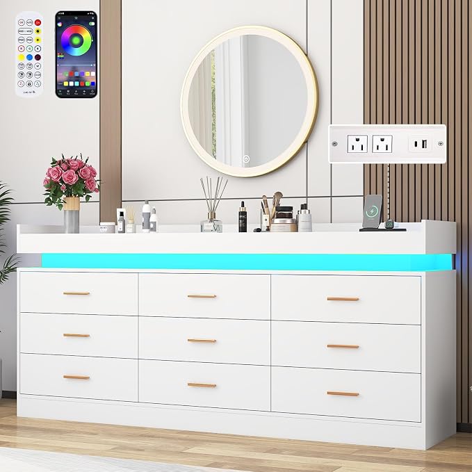 9 Drawer Dresser with LED Light and Charging Station, Wide Drawer Organizer - Image 6