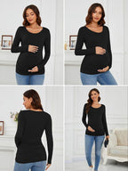 Ecavus Women's Maternity Shirts Long Sleeve Soft Stretchy Pregnancy Tops Side - Image 3