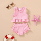 HAPPYMA Baby Swimsuit Toddler Girl Bathing Suit Summer Solid Color Bikini Set - Image 2