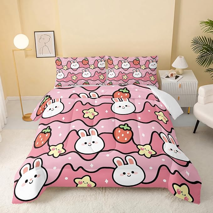 QOOMO Kawaii Rabbit Comforter, Strawberry Rabbit Comforter Set by QOOMOHOME