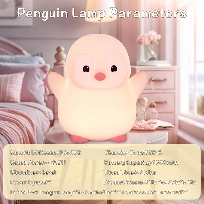 Pink Penguin Night Light, Food Grade Soft Silicone Nursery Nightlight - Image 6