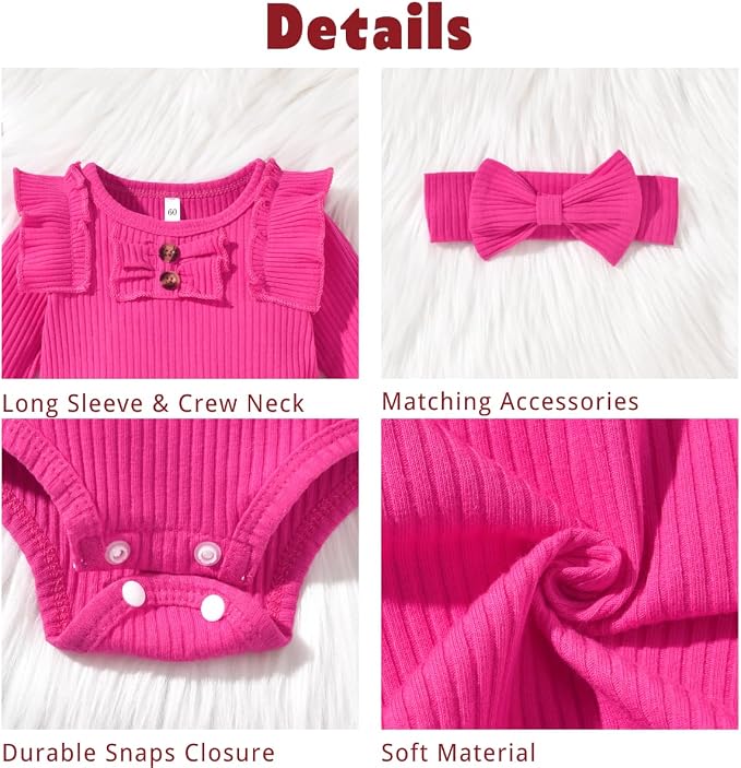 Aalizzwell Preemie Newborn Infant Baby Girls Clothes Ribbed Bodysuit Pants Set - Image 2