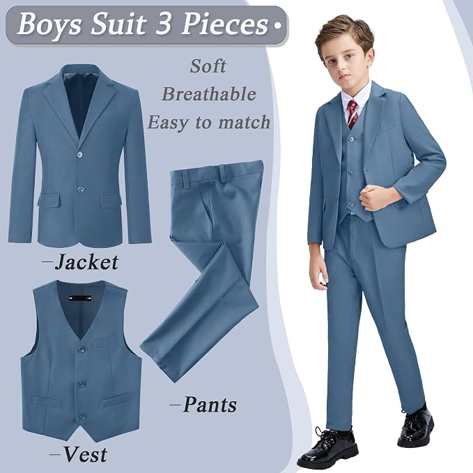 Boys' 3 Piece Suit Set with Suit Jacket, Formal Tuxedos Slim Fit Ring Bearer - Image 2