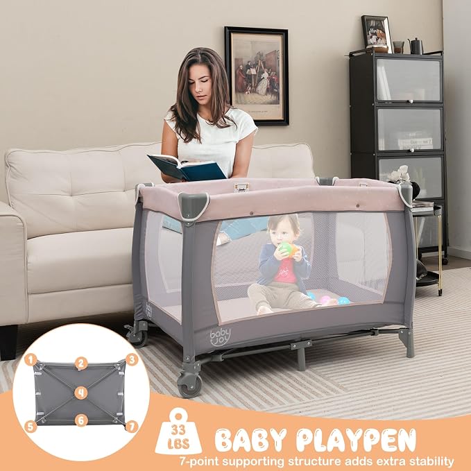 BABY JOY 5 in 1 Pack and Play, Portable Baby Playard w/Bassinet & Diaper - Image 4