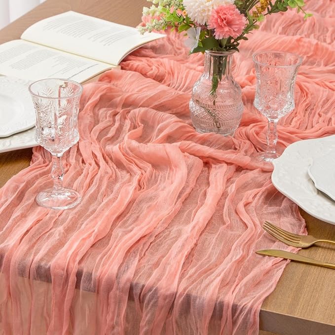 FEXIA Pink Cheesecloth Table Runner Spring Easter Table Runner 35x120 Inches - Image 4