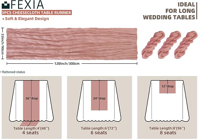 FEXIA 3 Pack Rose Pink Table Runner 35x120 Inches - Image 2