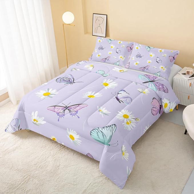 QOOMO Butterfly Comforter Set for Kids Teens Girls Women, Daisy Kids Comforter - Image 3