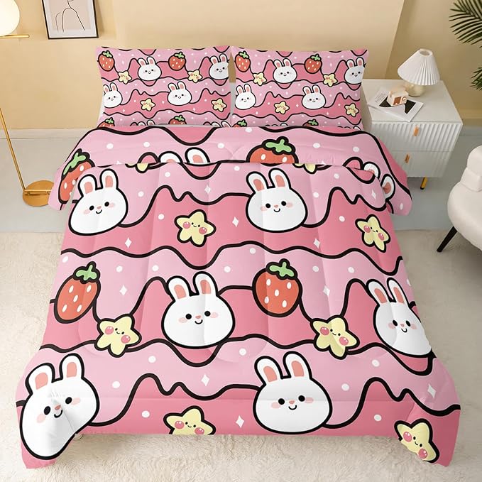 QOOMO Kawaii Rabbit Comforter, Strawberry Rabbit Comforter Set - Image 2