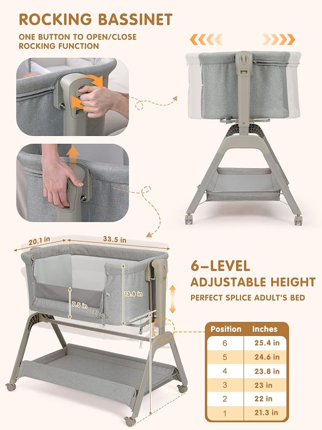 Ezebaby Baby Bassinet Bedside Crib, 3-in-1 Rocking Bassinets Bedside Sleeper - Image 6