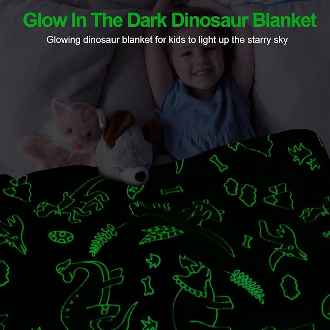 Personalized Dinosaur Glow in The Dark Kids Throw Blanket - Image 2