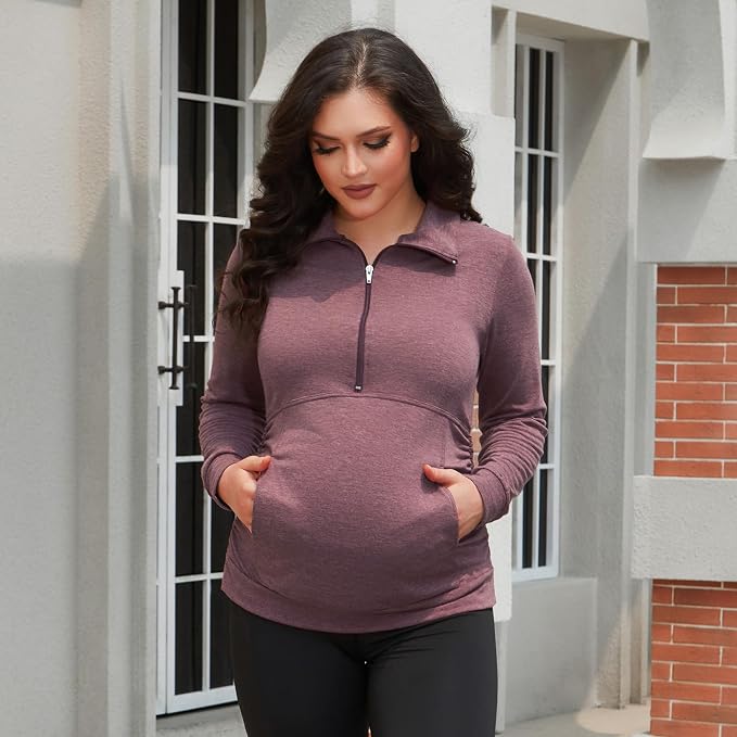 GINKANA Maternity Women's Long Sleeve Shirt Half Zipper Lapel Lightweight - Image 3
