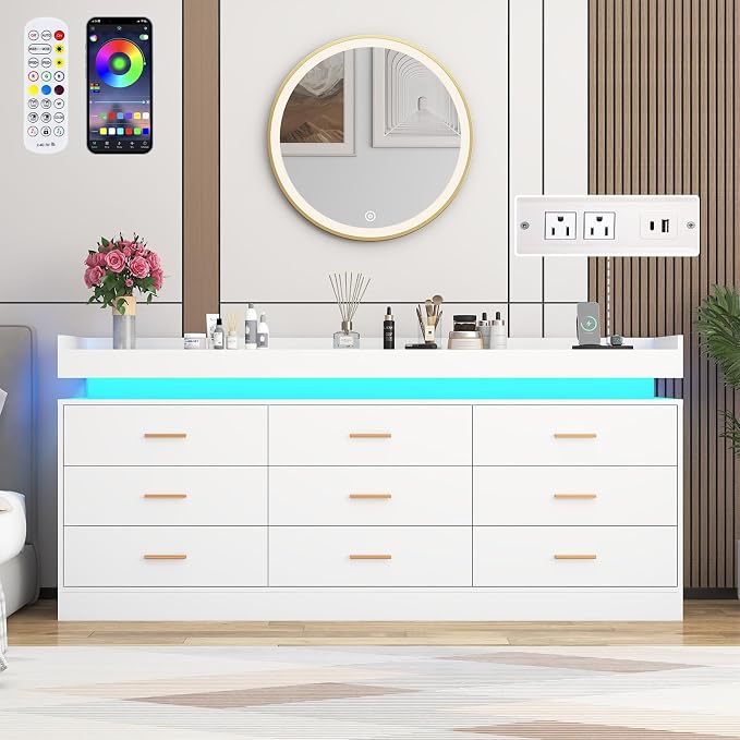 9 Drawer Dresser with LED Light and Charging Station, Wide Drawer Organizer - Image 5