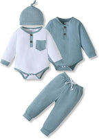 NZRVAWS Newborn Baby Boy Clothes Long Sleeve Romper Pant Set Hat 2-Pack Infant by NZRVAWS