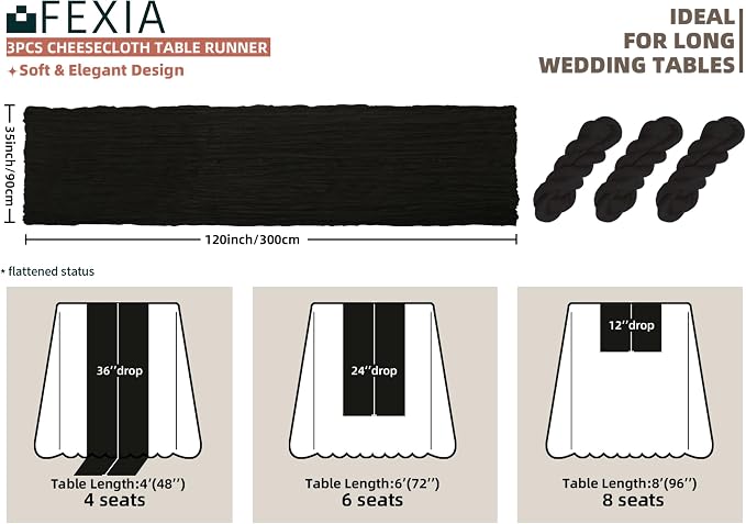 FEXIA 3 Pack Black Table Runner 35x120 Inches - Image 2