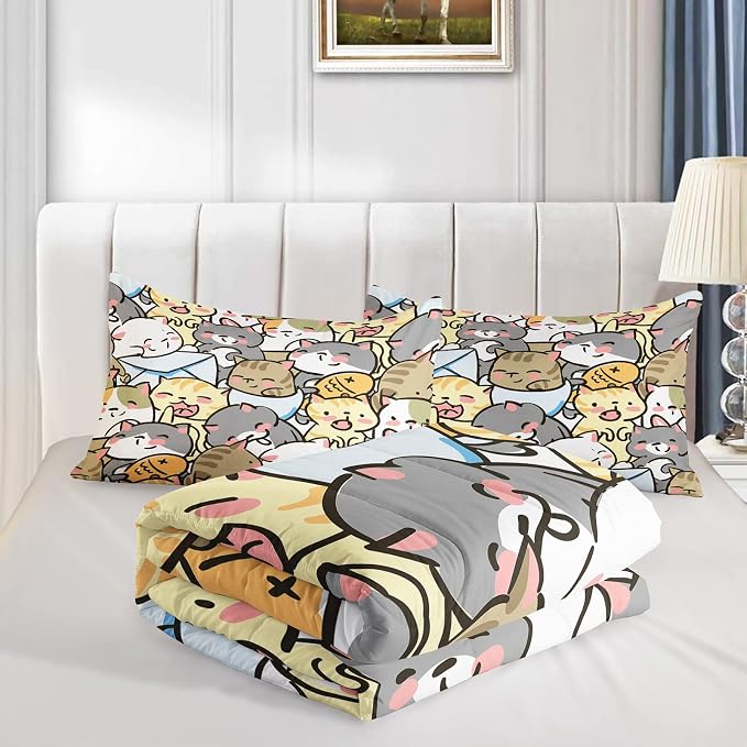 QOOMO Kawaii Cat Comforter King Size, Cute Cat Comforter Set - Image 4