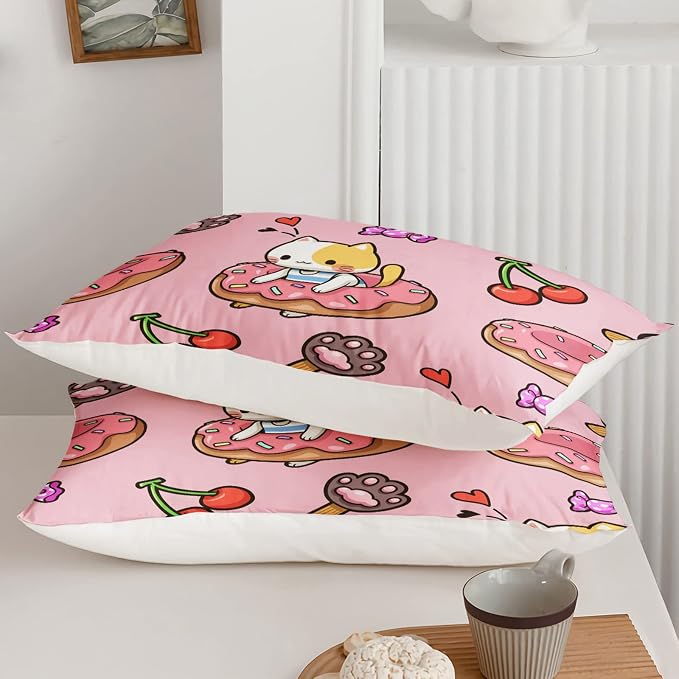 QOOMO Kawaii Cat Comforter Queen Size, Doughnut Cherry Cat Comforter Set - Image 6