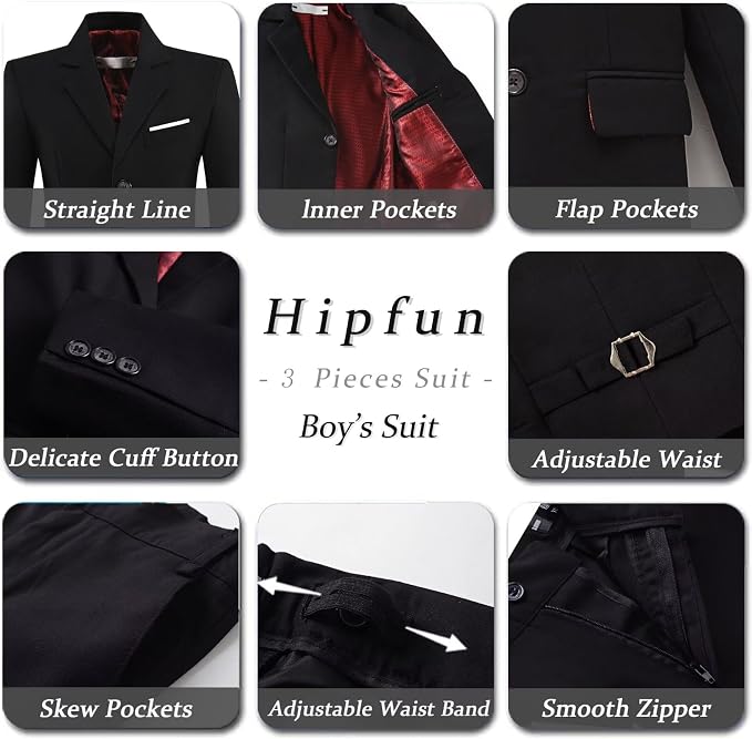 Boys' 3 Piece Suit Set with Suit Jacket, Formal Tuxedos Slim Fit Ring Bearer - Image 5