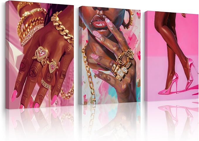 Black Girl Wall Art Pink African Woman Canvas Wall Decor Black Women People Art by Unknown