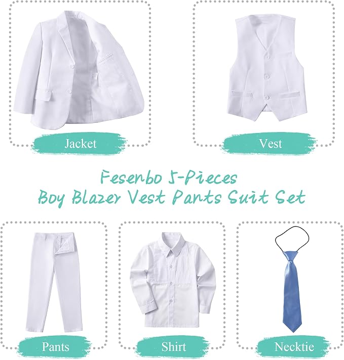 Boy's Suit Formal Slim Fit 5 Pieces Suit Set Blazer Vest Pants - Image 2