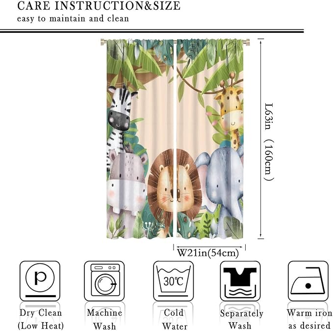 Jungle Animals Curtains Colorful Forest Cartoon Wildlife Lion Giraffe Elephant - Image 2
